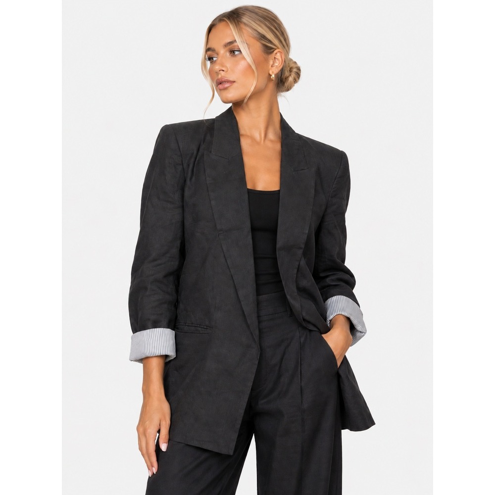 Zara Gray 100% Linen Open Front Cuffed Blazer Striped Lining Size S